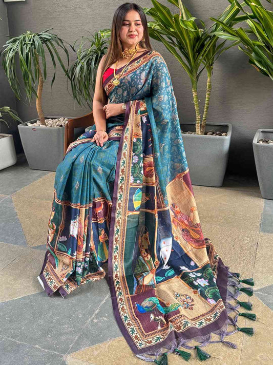 Firozi colour Linen Saree With Digital Print And Majestic Border by My Store