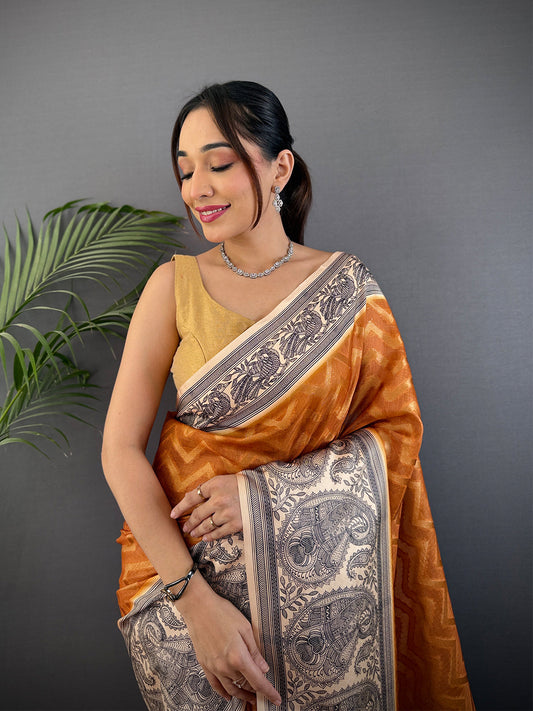 Rust Orange Madhubani Print Soft Silk Saree by My Store