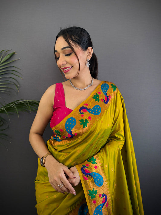 Mustard Yeola Paithani Soft Silk Saree by My Store