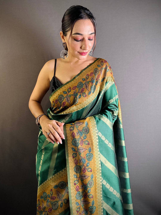Green Gold Zari And Kalamkari Print Saree by My Store