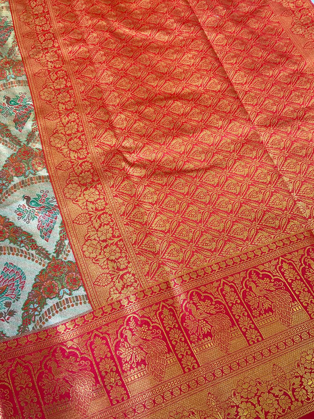 Majestic Deep Red And Gold Peacock Saree by My Store