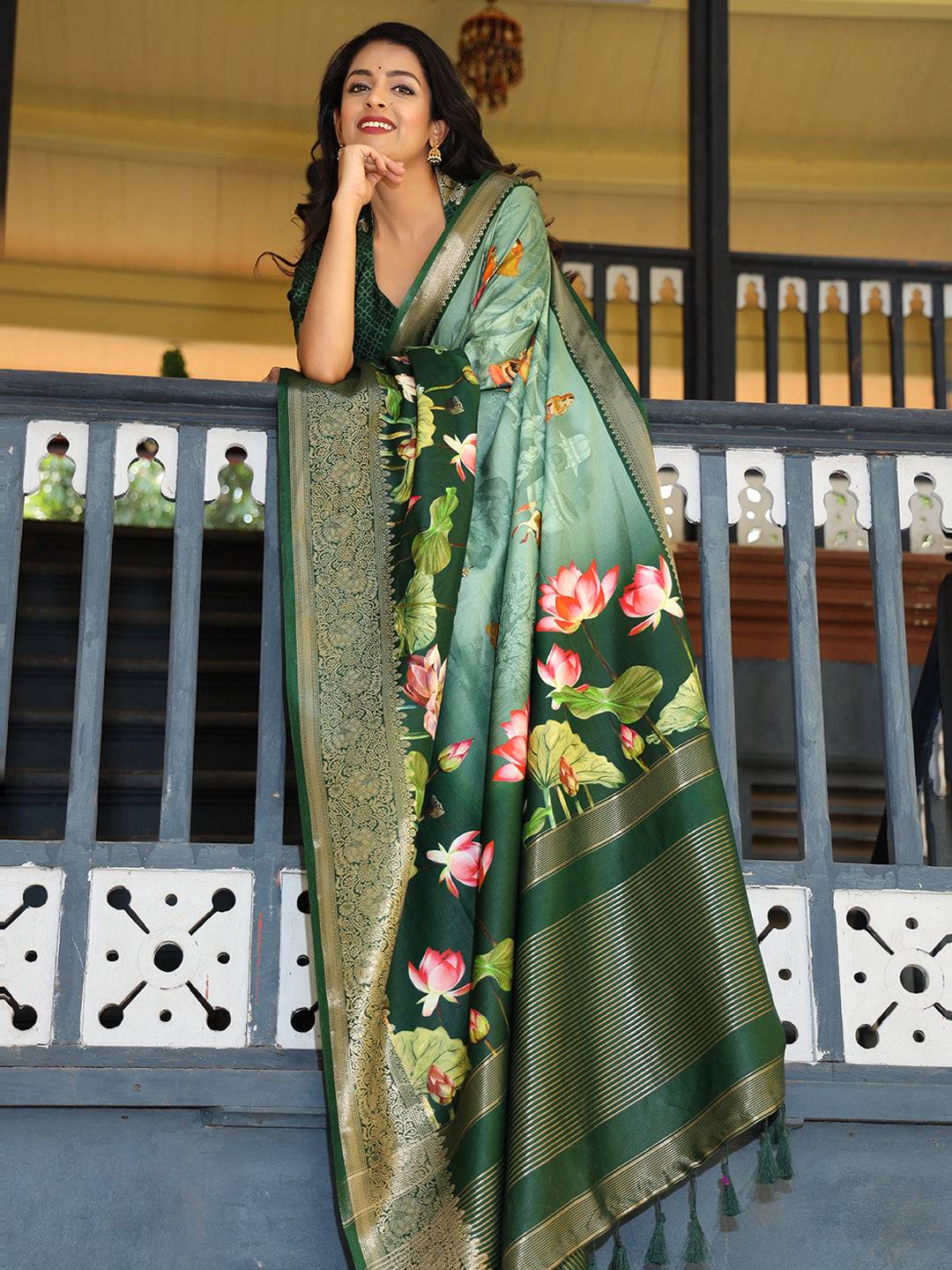 Green Colour Pure Viscose Dola Silk Saree with Floral Print - Luxe by My Store