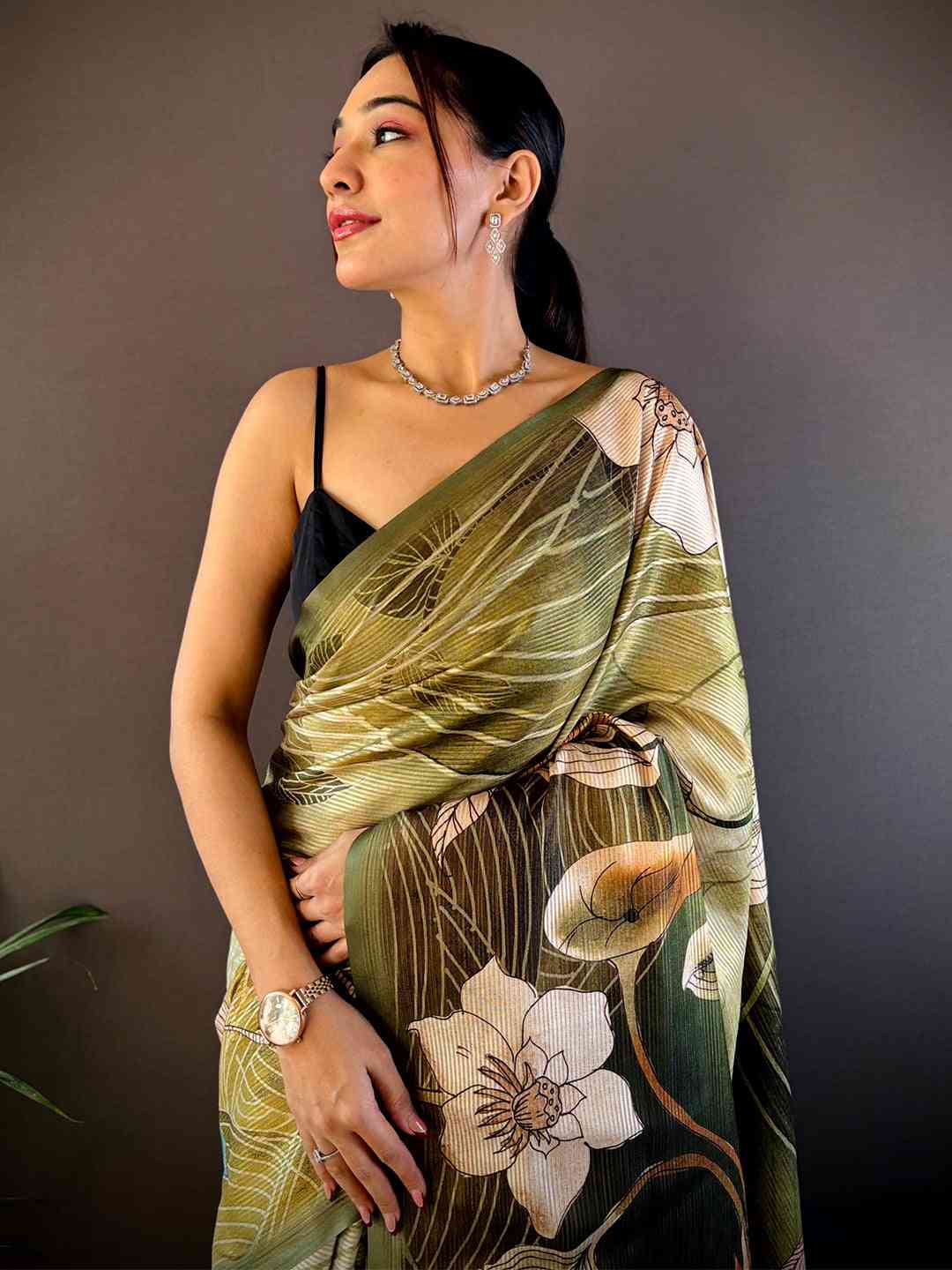 Olive Semi Zari Tussar Botanical Saree by My Store