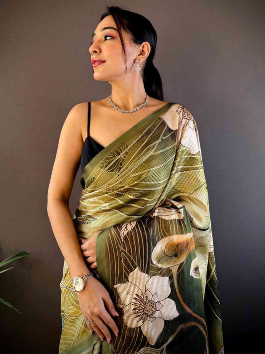 Olive Semi Zari Tussar Botanical Saree by My Store