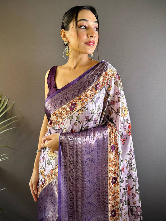 Lilac Floral Kalamkari Print Saree by My Store