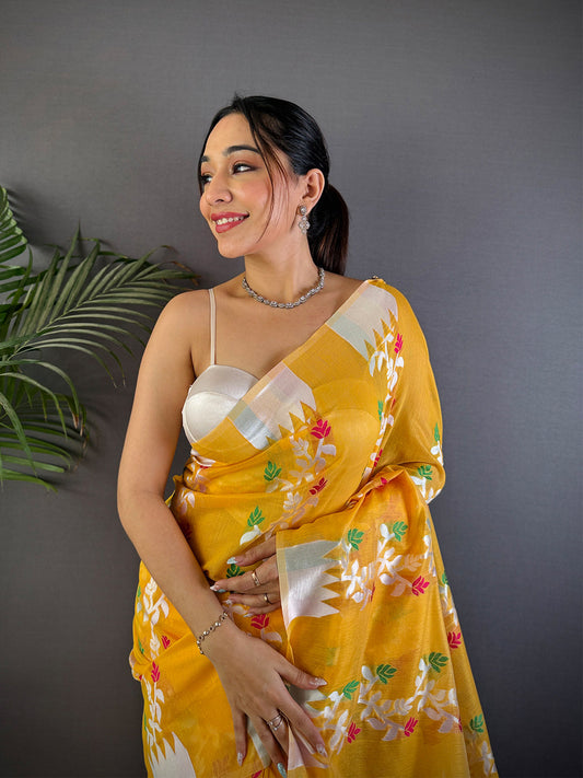 Radiance Yellow Dhakai Cotton Silk Saree by My Store