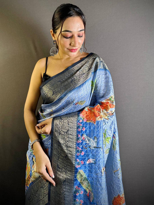 Sky Blue Chex Radiance Banarasi Silk Saree by My Store