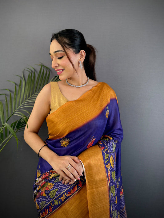 Purple Aari Pashmina Print Linen Saree by My Store