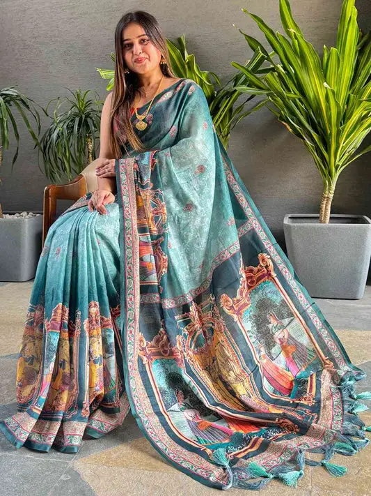 Turquoise colour Linen Saree With Digital Print And Majestic Border
