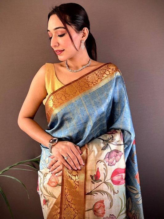 Sky Blue Ombre Floral Digital Print Saree by My Store