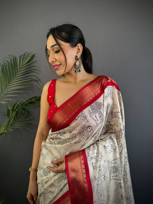 Red Dola Silk Pen Kalamkari Print Saree by My Store