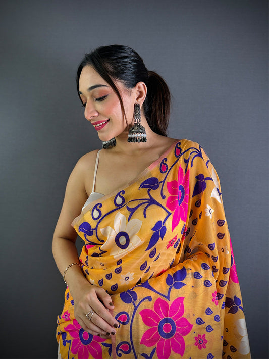 Gold Dhakai Jamdani Cotton Silk Saree by My Store