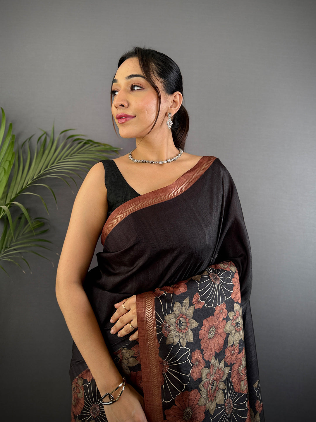 Brown Ghicha Tussar Silk Floral Saree by My Store