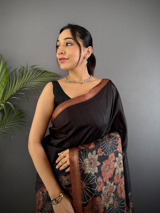 Brown Ghicha Tussar Silk Floral Saree by My Store