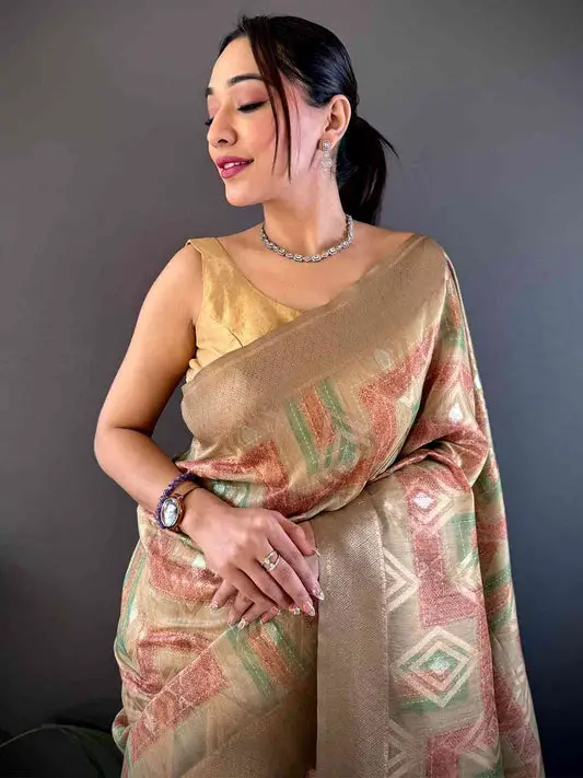 Beige Banarasi Silk Katan Geometric Saree
