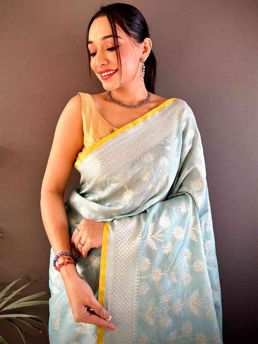 Sky Blue Kota Kora Zari Floral Weave Saree by My Store