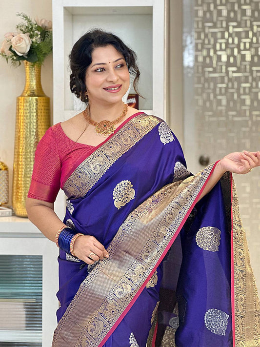 Purple Banarasi Silk Kanchi Zari Weaving Saree by My Store