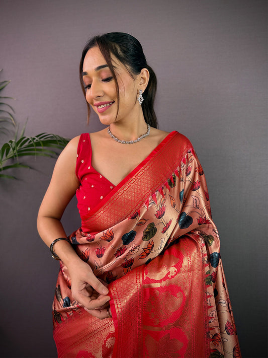 Vibrant Soft Cherry Satin Kalamkari Print Saree