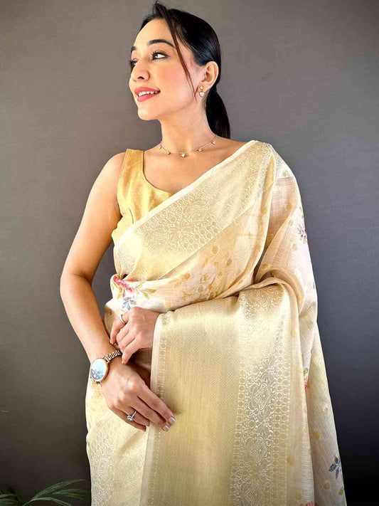 Elegant White Floral Kota Doriya Saree by My Store