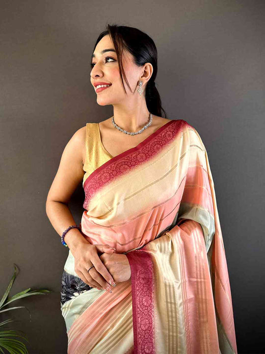 Cream Kalamkari Ombre Crepe Silk Saree by My Store