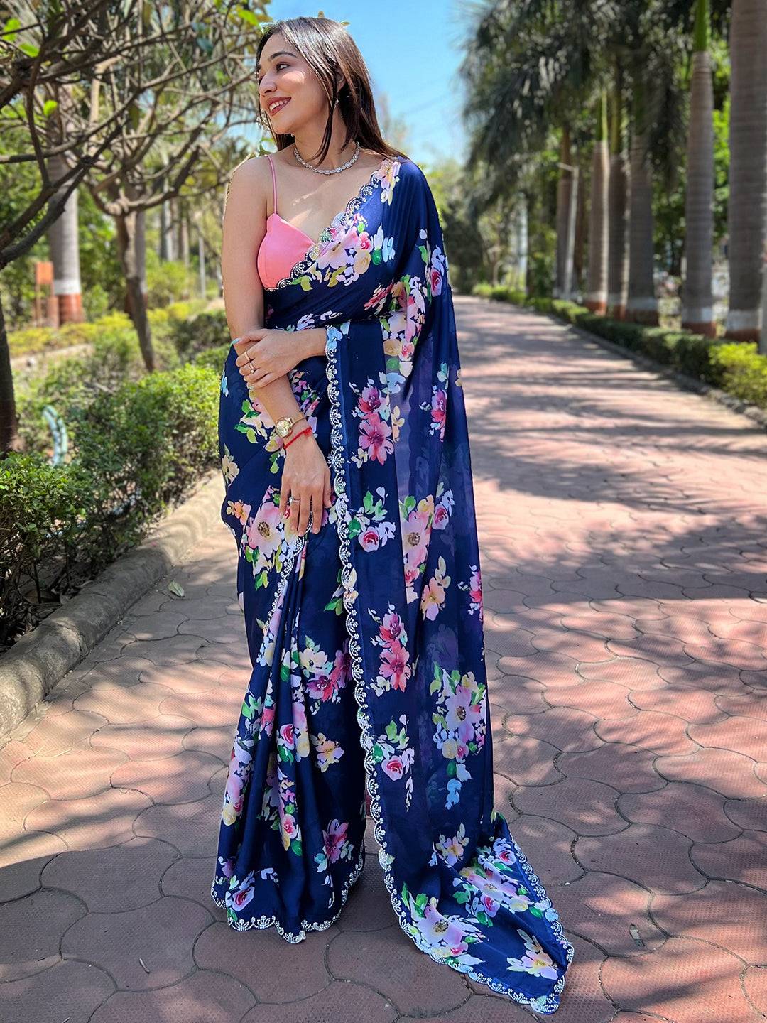 Navy Satin Georgette Floral Print Saree by My Store
