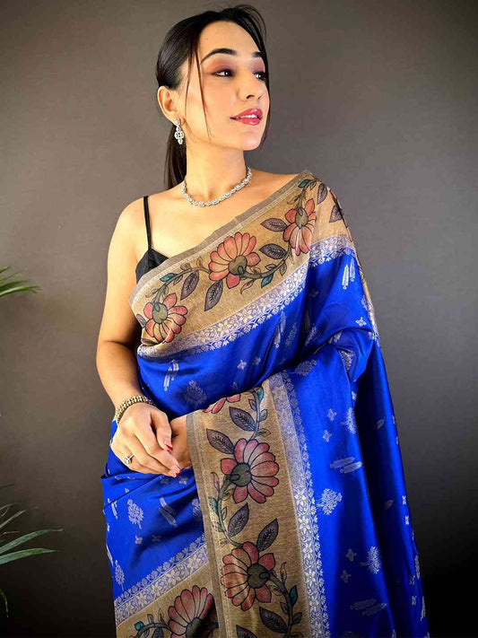 Royal Blue Soft Silk Kalamkari Printed Pallu Saree by My Store