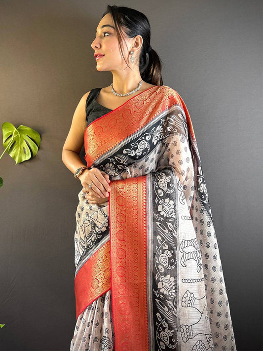 White Kalamkari Kota Saree