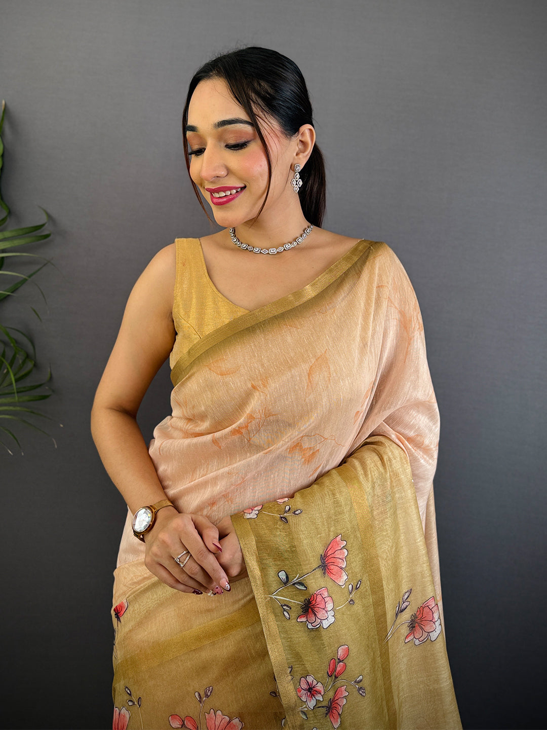 Olive Linen Chanderi Floral Print Saree by My Store