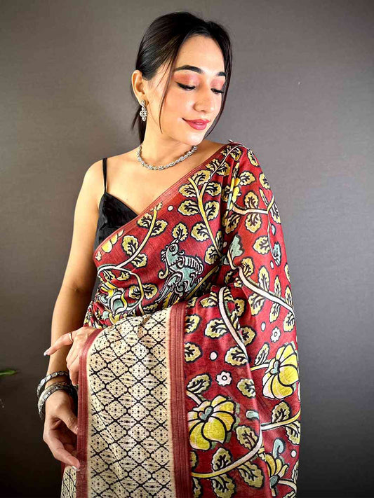 Maroon Chanderi Phulkari Floral Sulb Saree by My Store