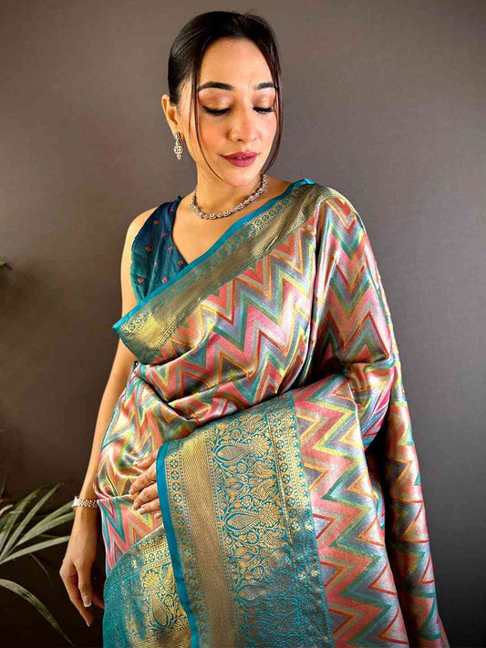 Radiant Rama Zigzag Dharmavaram Silk Saree by My Store