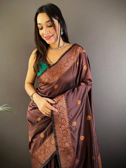 Brown Soft Silk Coppar Zari Weaving Saree by My Store