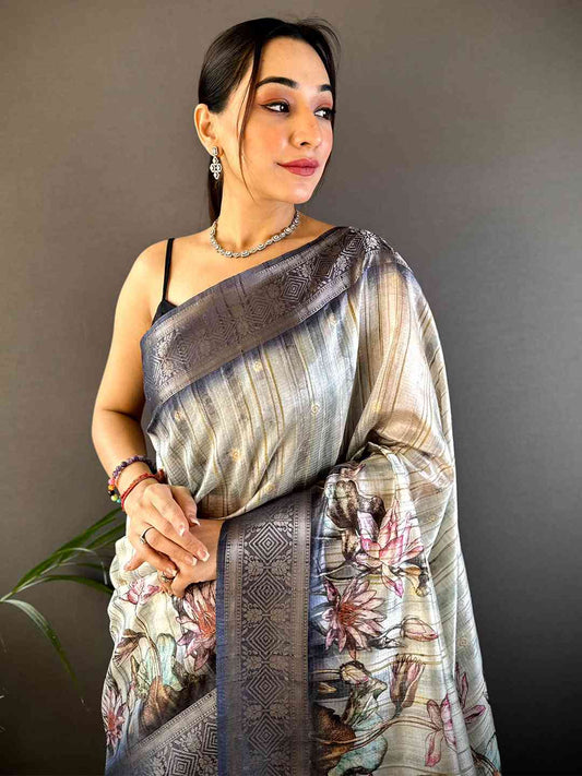 Grey Ghicha Weave Floral Saree by My Store