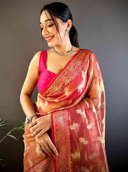 Radiant Red Kora Tissue Saree by My Store