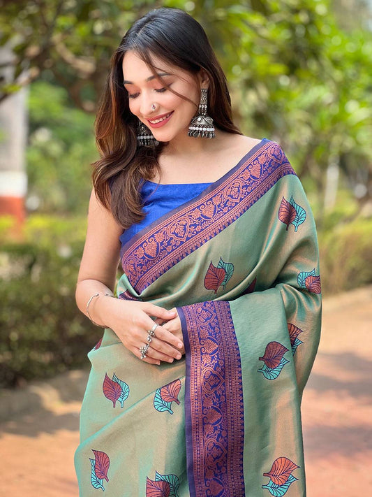 Pista Kanjivaram Tissue Saree With Gold Zari Weaving by My Store
