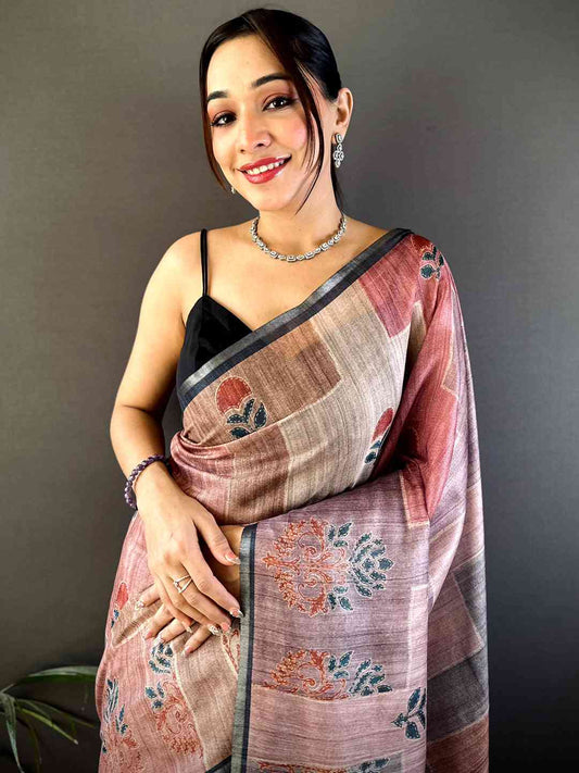 Dusty Rose Tissue Chanderi Geometric Floral Saree by My Store