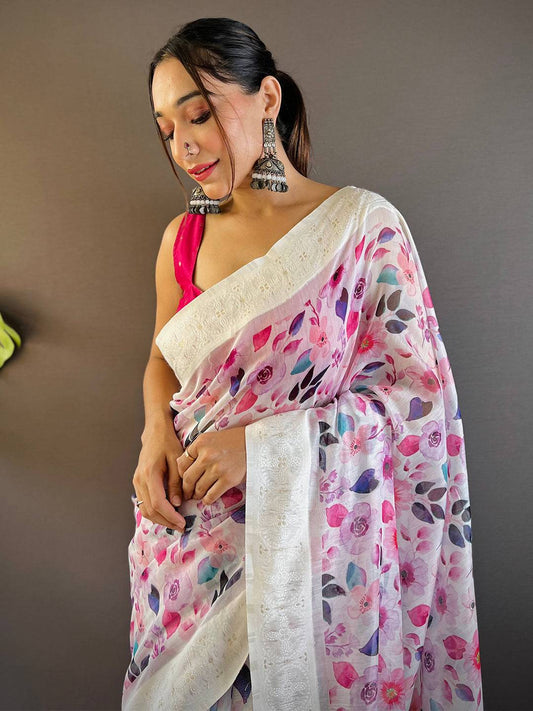 Radiant Lakhnavi Floral Print Saree by My Store