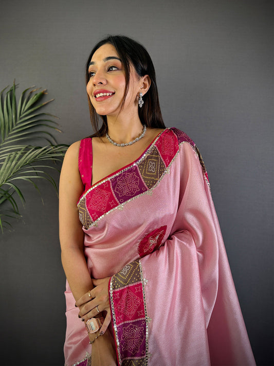 Pink Patch Butta Soft Silk Saree by My Store