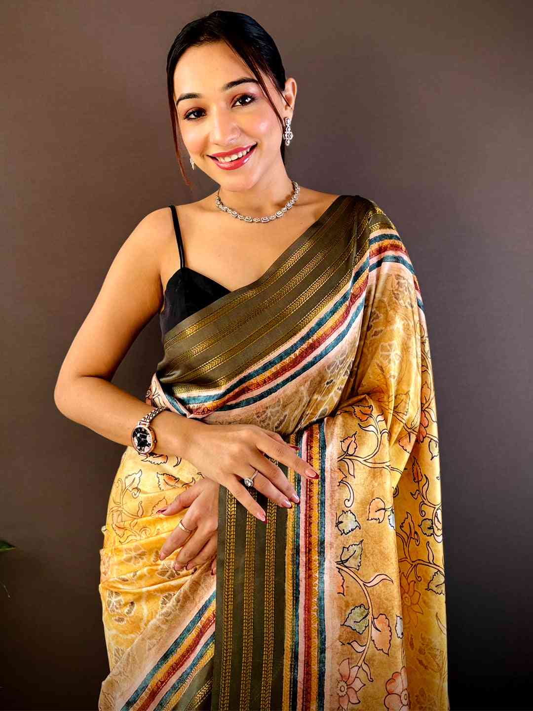 Yellow Kalamkari Floral Printed Silk Saree