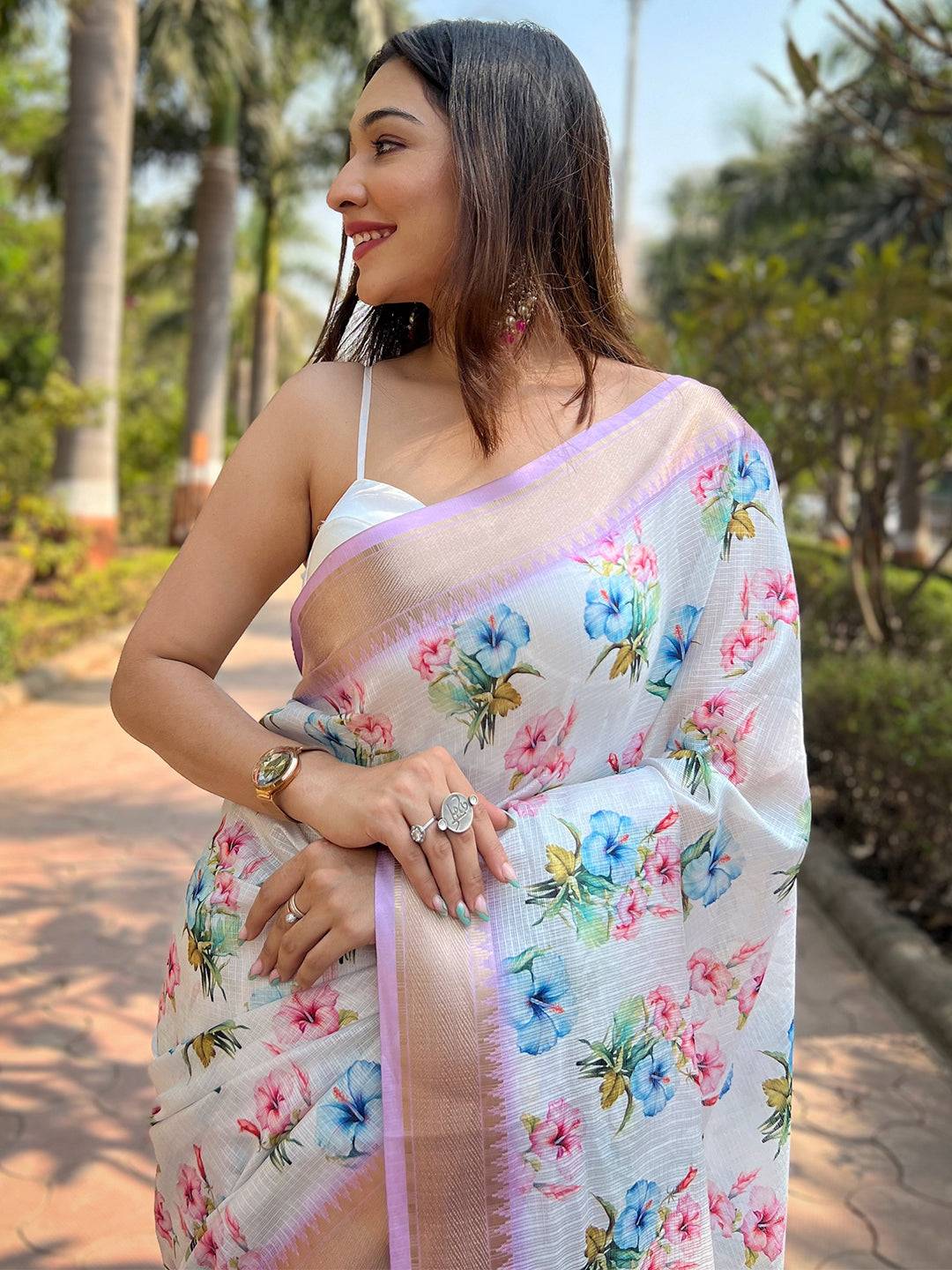 Lavender Kota With Digital Floral Printed Saree by My Store