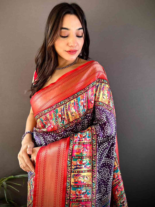 Purple Mughal Kalamkari Print Pashmina Saree by My Store