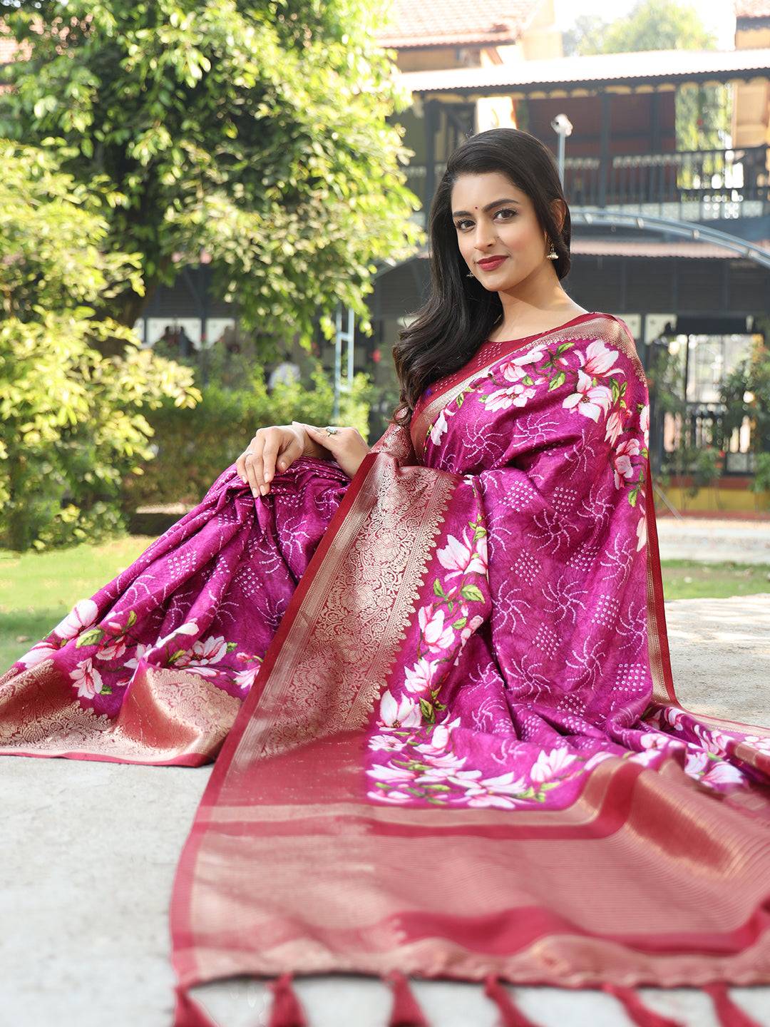 Magenta Pure Viscose Dola Silk Saree With Floral Print Border - Luxe by My Store