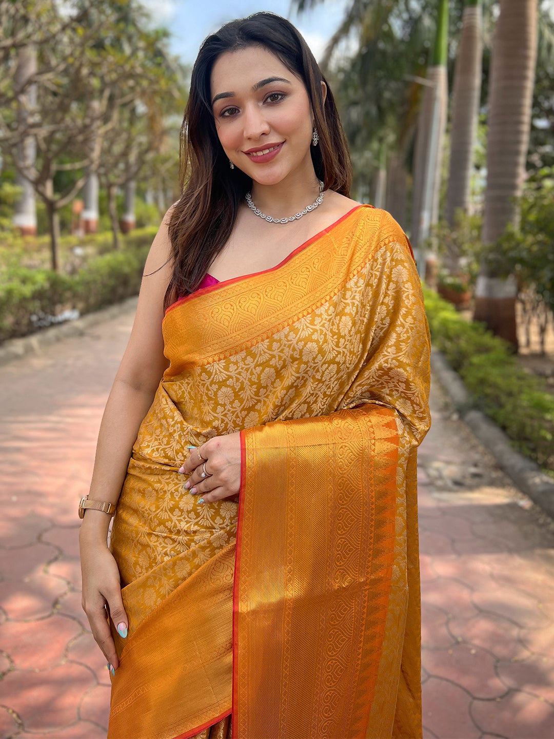 Yellow Colour One Gram Gold Tissue Saree With Jacquard Woven Work