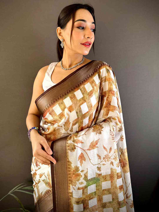 Coffee Brown Kota Doriya Floral Print Saree by My Store