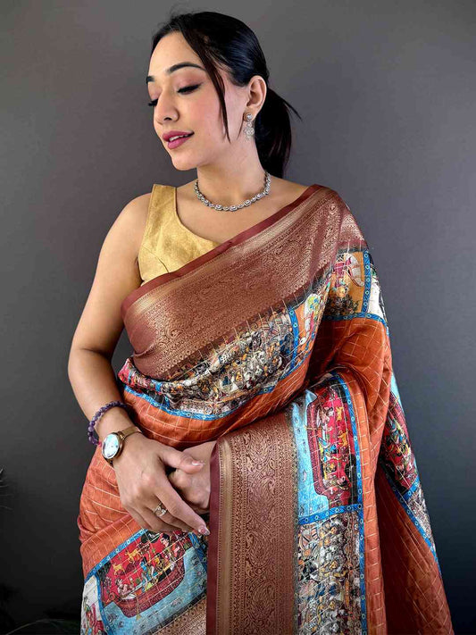 Rust Orange Tussar Silk Kalamkari Checkered Saree by My Store