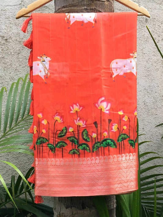 Coral Organza Pichwai Print Saree by My Store