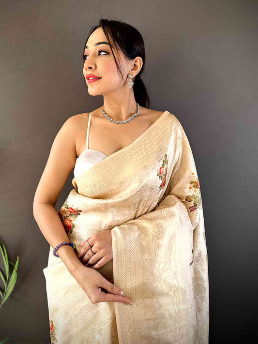 Cream Kanjivaram Digital Silk Saree by My Store