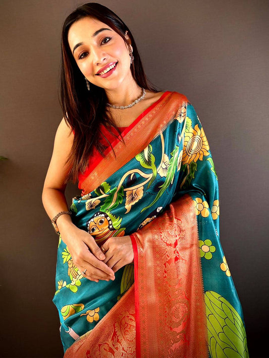 Rama Soft Silk Saree With Pichwai Kalamkari Print by My Store