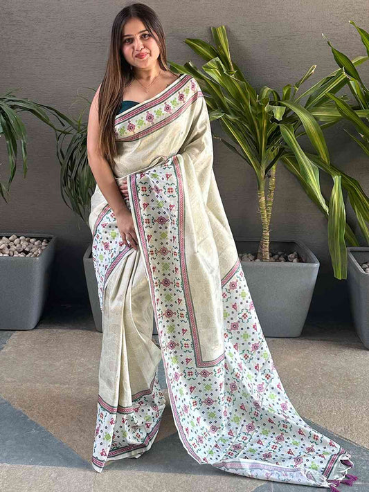 Kanjivaram Weaving Pista Colour Patola Print Saree by My Store