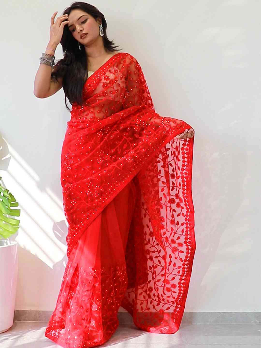 Elegant Saree Adorned with Ethnic Motifs, Intricate Threadwork, and Embellished Borders by My Store