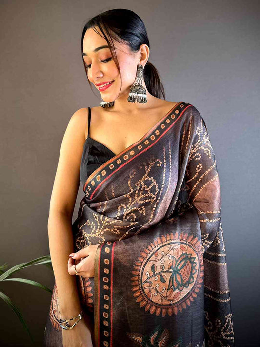 Wine Chanderi Bandhej Digital Print Saree